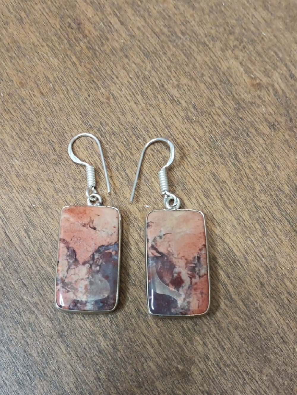 Sterling Silver Rectangular Red Rainbow Jasper Drop Earrings in Peach and Brown